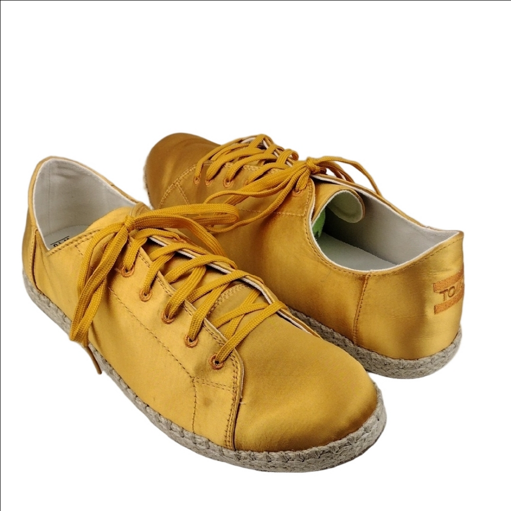 TOMS Yellow Gold Satin Upper Round Toe Lace Up Low Top Espradrille Sneaker Shoe